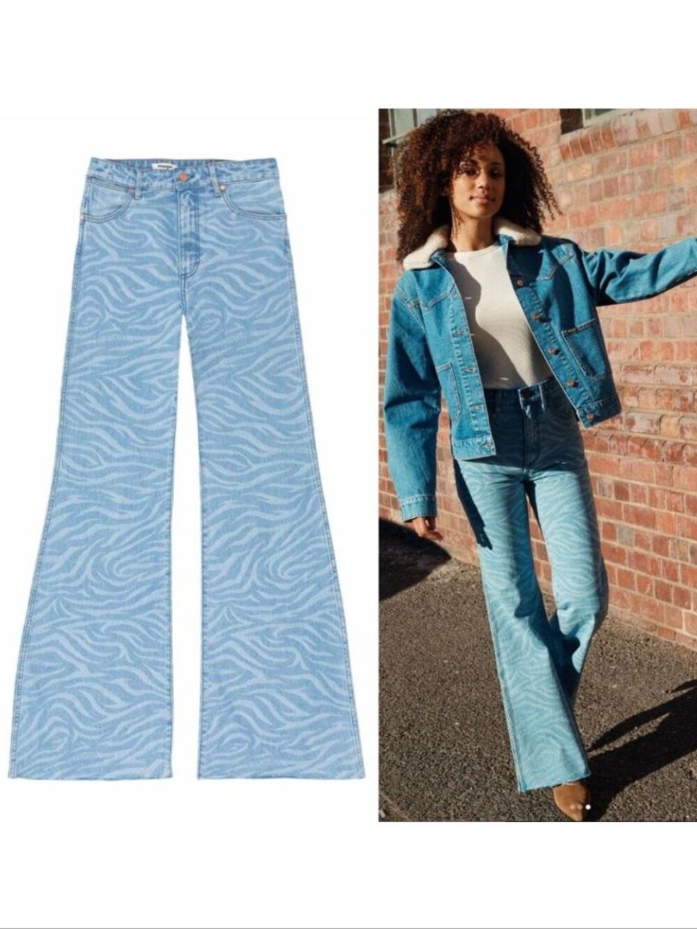 Wrangler Wanderer Flare JEANS Size 29 x 34 Blue Meow Laser Tiger Print NEW